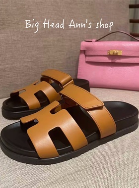 Big Head Ann黑色真皮一字拖女外穿魔术贴休闲沙滩拖鞋平跟凉拖