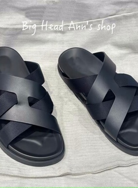 Big Head Ann's shop/时尚男士一字拖外穿交叉带凉拖鞋黑色沙滩拖