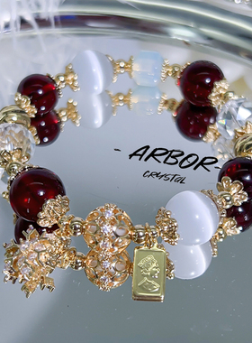 原创设计冰雪画天然石榴石手链猫眼石白水晶手串女生转运礼物