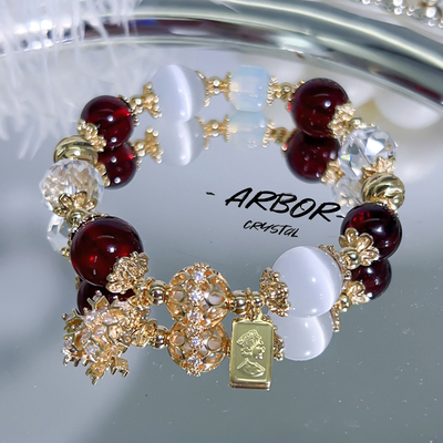 原创设计冰雪画天然石榴石手链猫眼石白水晶手串女生转运礼物