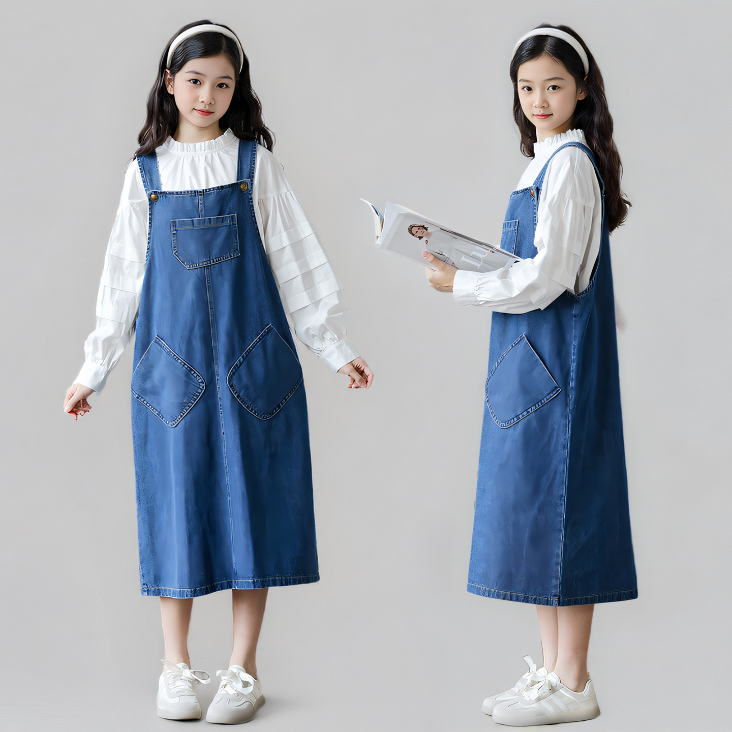 女童牛仔背带裙春秋季新款中大童洋气韩版纯棉宽松休闲连衣裙长裙