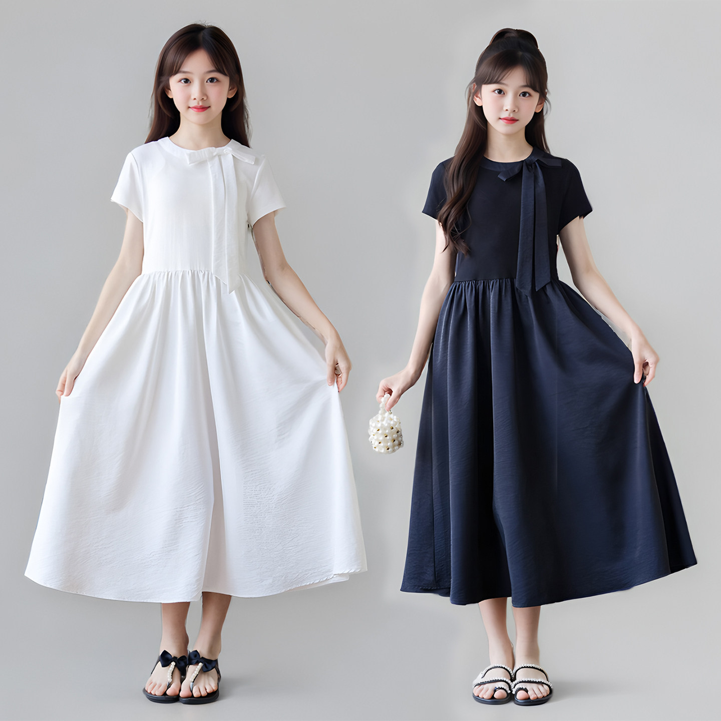 女童法式气质连衣裙夏季新款中大童短袖收腰显瘦长裙赫本风小黑裙