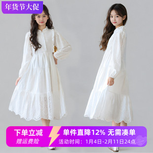 女童白色连衣裙春秋长袖中大童森系纯棉女孩法式洋气高级感公主裙