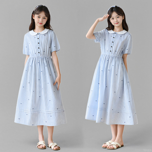 女童学院风连衣裙夏新款韩版中大童长裙文艺清新条纹娃娃领公主裙