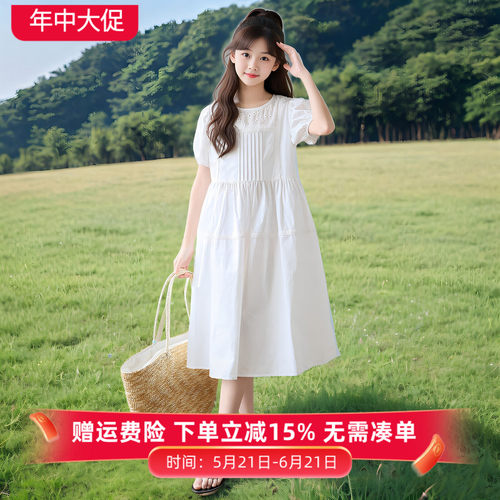 女童白色纯棉连衣裙泡泡袖公主裙
