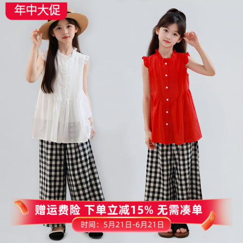 女童夏季仙气甜美花边无袖衬衫
