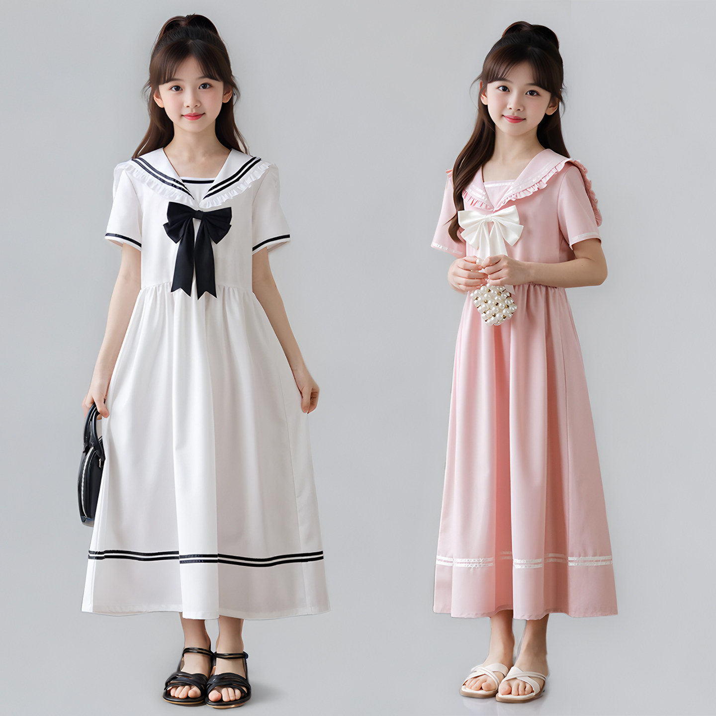 韩版女童洋气宽松连衣裙夏季甜美少女短袖海军领公主裙学院风长裙
