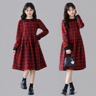 女童洋气格子连衣裙秋冬新款中大童法式英伦风呢子裙红色新年裙子