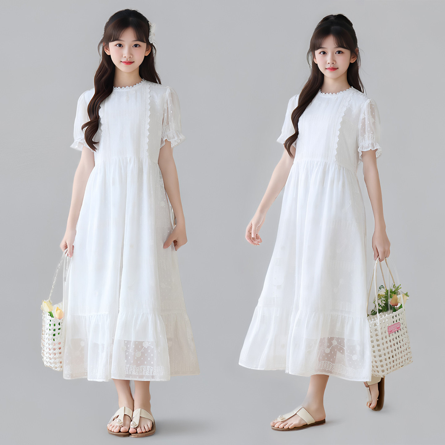 女童白色蕾丝连衣裙2026夏季甜美公主长裙中大童高级感雪纺仙女裙