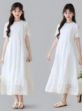 女童白色蕾丝连衣裙2026夏季甜美公主长裙中大童高级感雪纺仙女裙