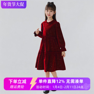 女童金丝绒公主裙秋冬季儿童韩版气质红色连衣裙女孩生日礼服裙子