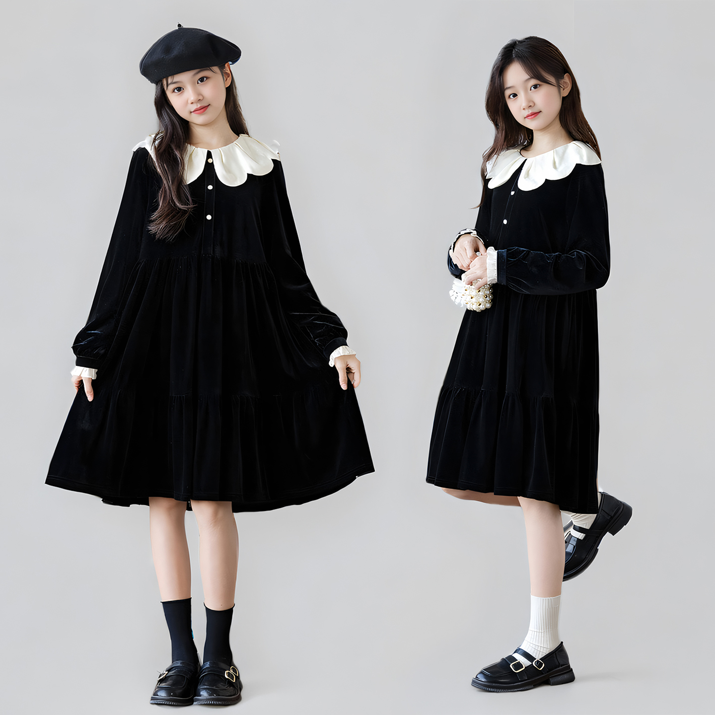 韩版女童洋气宽松丝绒连衣裙秋冬季新款中大童加绒生日礼服公主裙