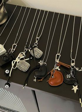 银色编织爱心丝带包包项链女长款个性小众感斜挎卫衣毛衣链男配饰