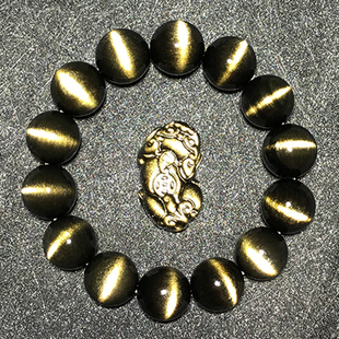 天然金曜石猫眼手链弧形双猫眼手串男士 猫眼石6A双金眼黑曜石 女款