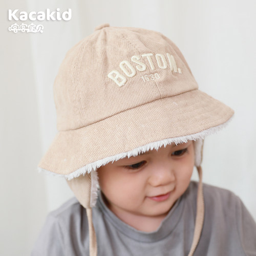 Kacakid灯芯绒盆帽大檐护耳加绒