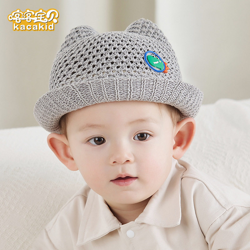 Kacakid夏季新婴儿帽草帽男女宝宝遮阳防晒帽卡通耳朵草编帽2116