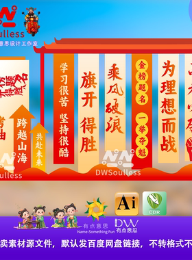 中式国潮拍照打卡点红色高考励志标语背景设计素材AI挂布吊旗帷幔