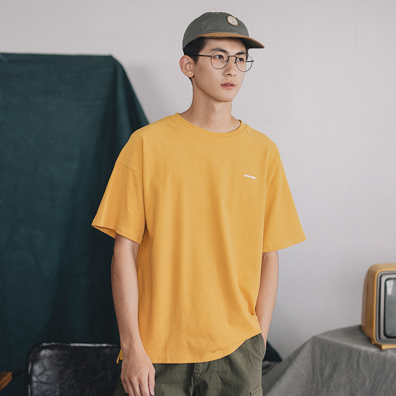 GBOY夏季簡約純色字母印花短袖T恤男chic寬松棉質日系水洗短tee