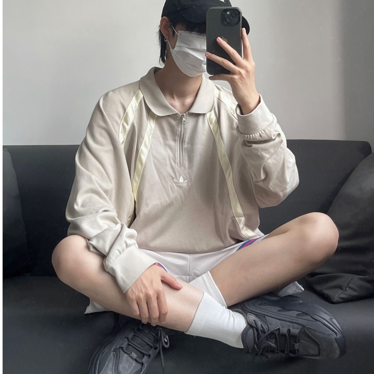 阿迪达斯三叶草POLO衫男女运动条纹撞色半拉链翻领宽松长袖IR6377