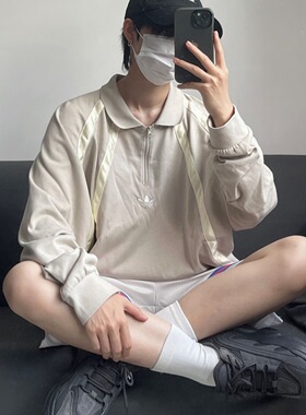 阿迪达斯三叶草POLO衫男女运动条纹撞色半拉链翻领宽松长袖IR6377
