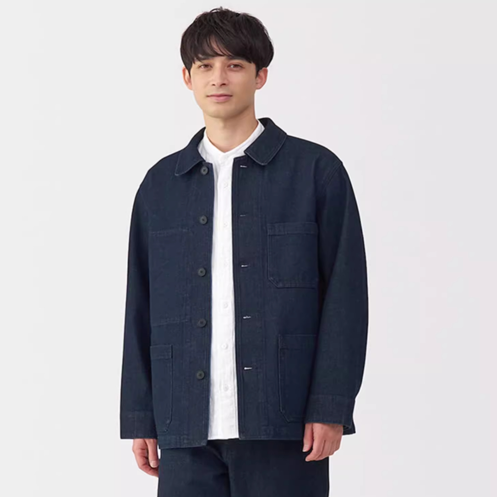 无印良品MUJI 男式木棉混牛仔翻领外套男士上衣男装25年丹宁回潮