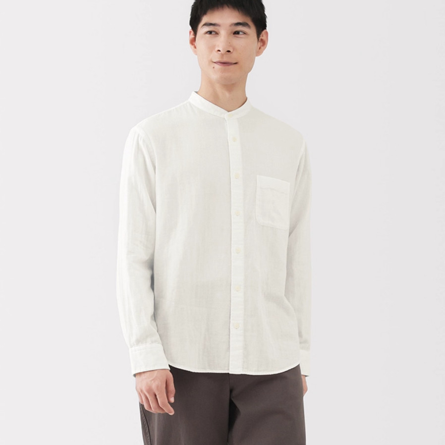 无印良品MUJI 男式木棉混双层纱织立领长袖衬衫中式领男装651427