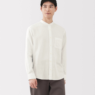 无印良品MUJI 男式木棉混双层纱织立领长袖衬衫中式领男装651427