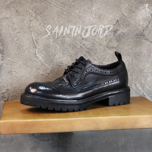 复古水洗皮鞋布洛克增高厚底德比