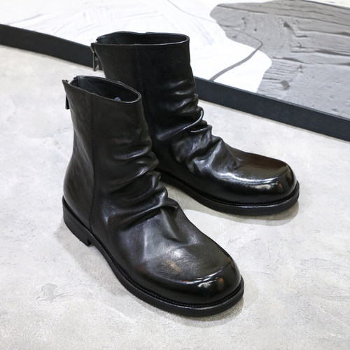 马皮大头褶皱短靴男拉链机车皮靴