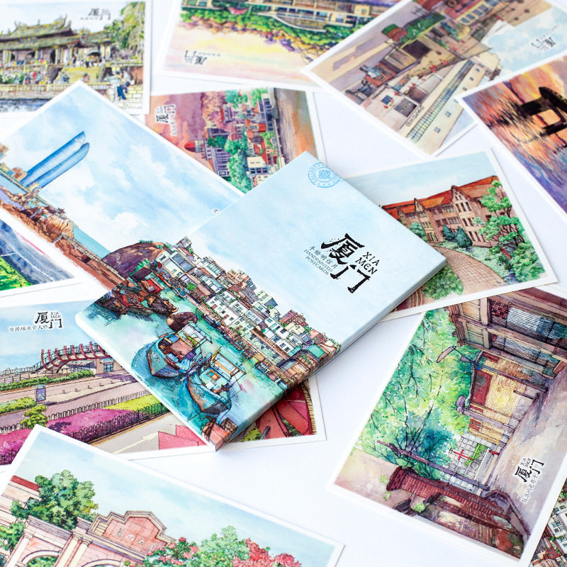 中国城市风光明信片厦门文艺小清新手绘明信片旅游纪念礼物卡片