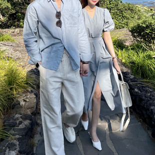 休闲宽松大码 蓝色通勤V领泡泡袖 男女衬衫 连衣袖 夏季 裙情侣装 新品