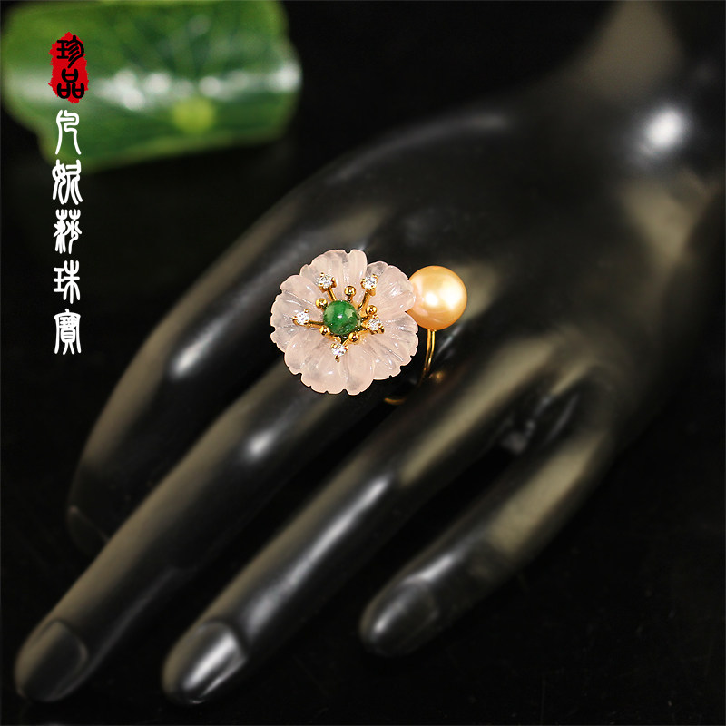 凡妮莎优雅时尚天然粉晶镶珍珠翡翠水晶戒指指环首饰 S925银 B06