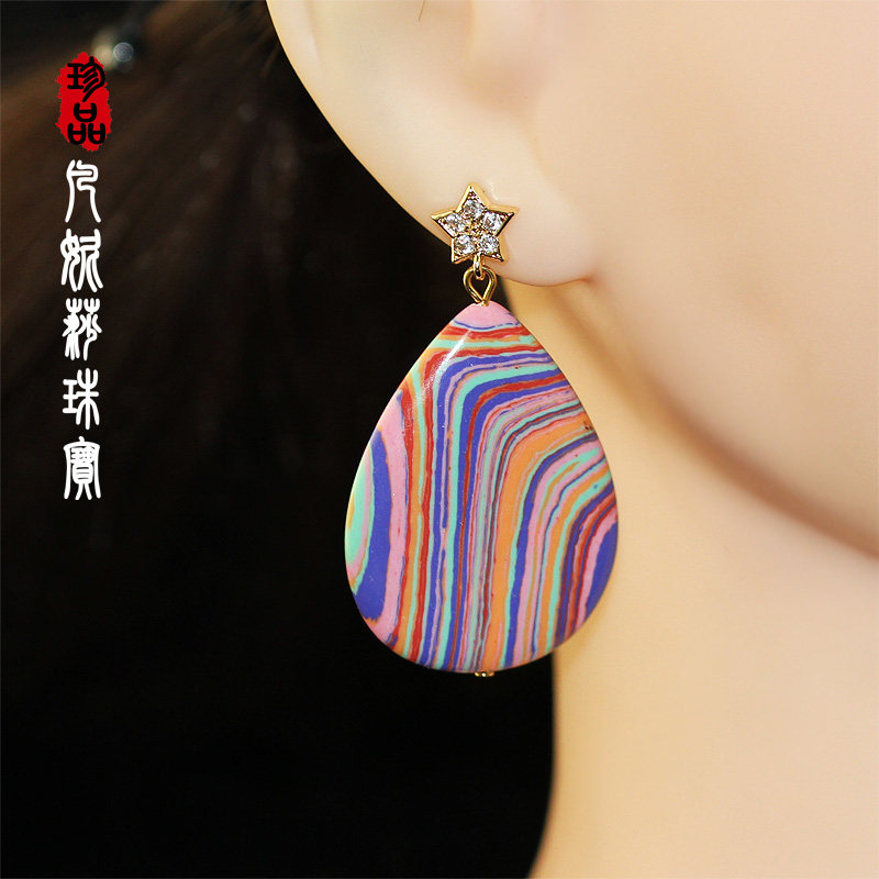凡妮莎韩国进口时尚夸张民族风彩绘原石晚装耳环耳坠 925银针 C31