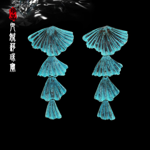 C02 扇叶耳环耳钉耳坠女 韩国东大门进口法式 复古做旧青铜色系长款