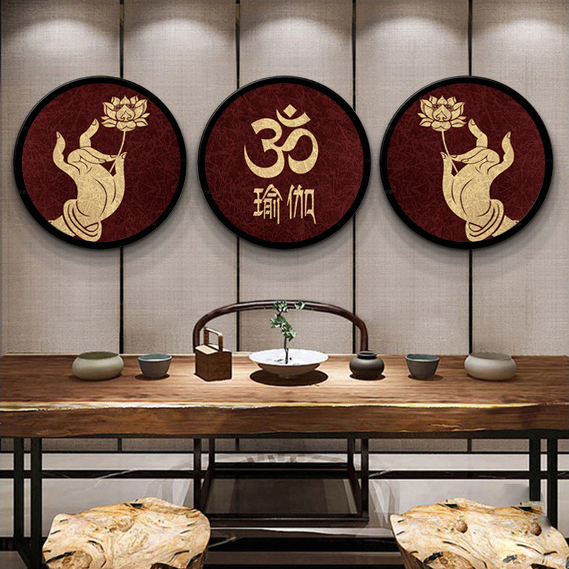 瑜伽馆墙面装饰禅意挂画东南亚佛手莲花圆形装饰画瑜伽教室壁画图片