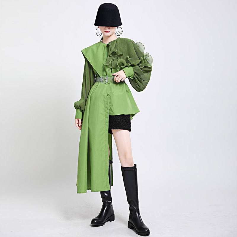 衬衫女春秋2021新款1507小众设计网纱立体木耳边拼接不对称衬衣裙