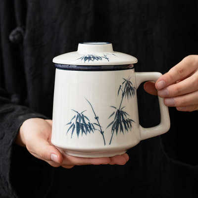 定制茶水分离暮云灰手绘杯子陶瓷