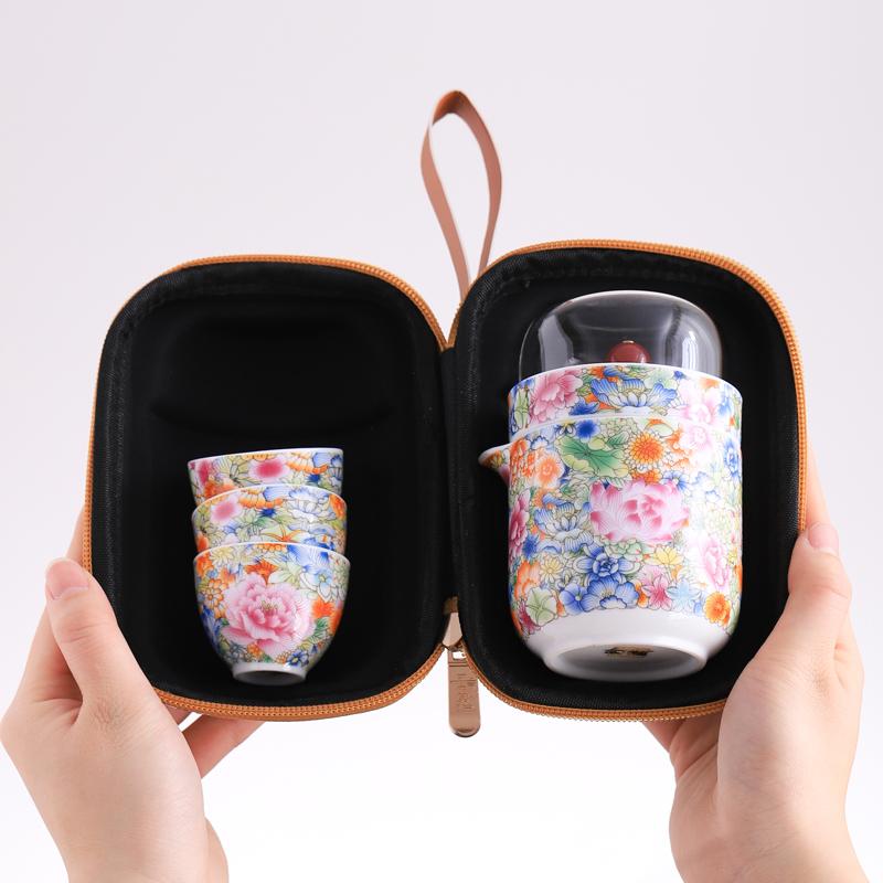 珐琅彩快客杯一壶四杯便携式旅行功夫茶具套装户外办公泡茶壶茶杯