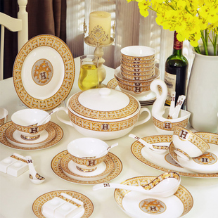 景德镇高档骨瓷碗碟套装家用轻奢高级感餐具碗盘组合欧式乔迁送礼