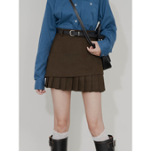 不对称毛呢半身裙女高腰A字设计感修身 百搭内衬拼接百褶呢子短裙
