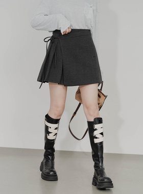 不对称毛呢半身裙女高腰A字设计感内衬修身显瘦绑带百褶呢子短裙