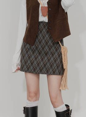 毛呢格纹半身裙A字高腰修身显瘦有内衬气质百搭复古时尚包臀短裙