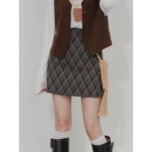 毛呢格纹半身裙A字高腰修身 包臀短裙 显瘦有内衬气质百搭复古时尚