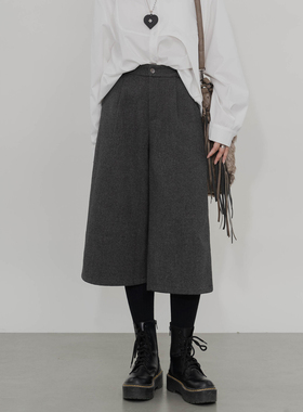 高腰直筒七分裤半松紧腰宽松显瘦简约百搭中裤西装毛呢阔腿休闲裤