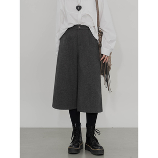 毛呢阔腿休闲裤 西装 半松紧腰宽松显瘦简约百搭中裤 高腰直筒七分裤