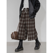 毛呢阔腿长裤 女半松紧高腰A字宽松显瘦复古咖啡色格子七八分裙裤