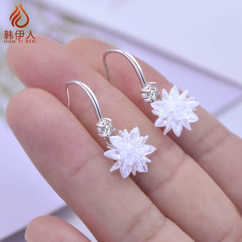 S925纯银冰花耳环韩版长款女碎花耳坠网红气质耳饰品2025新潮款