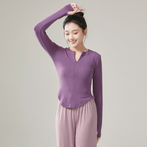 共妍V领拉链现代舞蹈专业形体训练功服装修身显瘦长袖套指上衣女