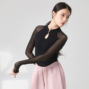 成人古典国风现代舞蹈形体训练功服装旗袍领网纱拼接长袖上衣共妍