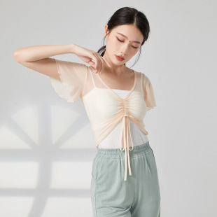弹力网纱艺考演出上衣女共妍 短袖 花苞袖 抽绳民族古典舞蹈练功服装